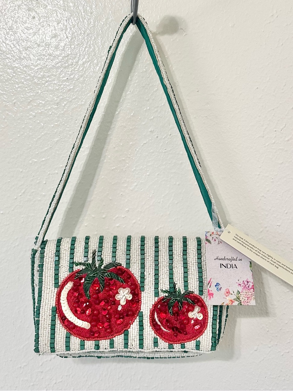 Tomato Green Stripe and Red  Beaded Bag India